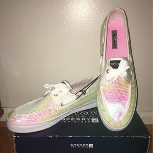 Sparkly white Sperrys